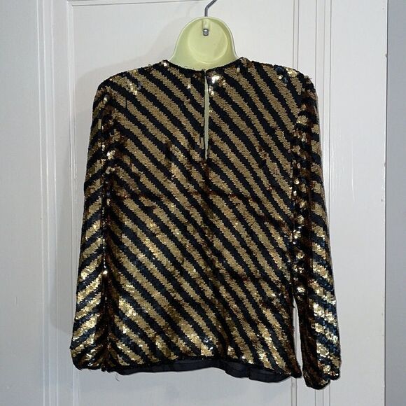 Vtg gold & black sequin striped dressy long sleeve blouse - Picture 8 of 11